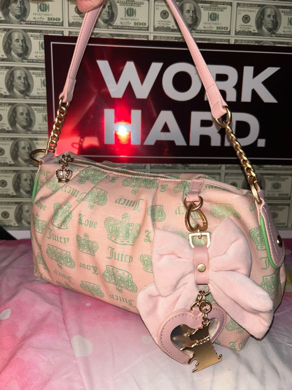 Juicy Couture Pink Shoulder Bag with Green Crown Print and Bow